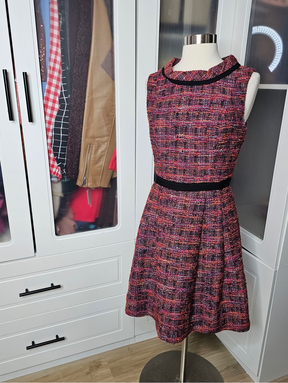 Trina Turk Textured Pink Tweed Fit-and-Flare Dress with Black Trim